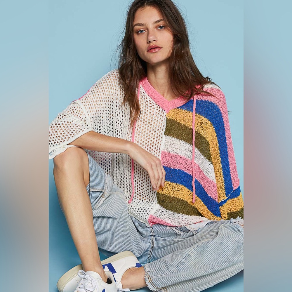 POL Open-Knit Striped Hoodie Sweater in Pink, Blue, Olive, White